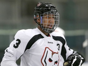 Calgary,Alberta; Aug 24, 2014 -- Calgary Hitmen #3, Aaron Hyman, participates in a training camp scrimmage Sunday afternoon at the Don Hartman Sportscomplex in North East Calgary. ({David Moll}/Calgary Herald) For {Sports} story by {  }