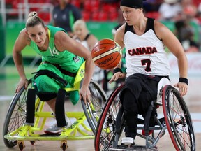 Canada's player Cindy Ouellet, right evades Brazil's Paola Klokler during Women's Wheelchair Basketball game at the Rio Paralympics in Rio De Janerio, Brazil  on Monday September 12, 2016. Leah Hennel/Postmedia
