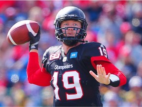 Calgary Stampeders quarterback Bo Levi Mitchell looks to throw the ball during a game against the Edmonton Eskimos in CFL football in Calgary, Alta., on Monday, September 5, 2016. AL CHAREST/POSTMEDIA