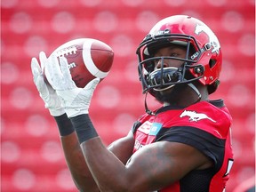 Calgary Stampeders Tory Harrison in warm up before facing the Hamilton Tiger-Cats in CFL football in Calgary, Alta., on Sunday, August 28, 2016.