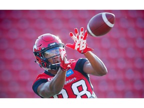 Calgary Stampeders Kamar Jorden in warm up before facing the Saskatchewan Roughriders in CFL football in Calgary, Alta., on Thursday, August 4, 2016.