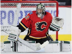 Calgary Flames Tyler Parsons before facing the Vancouver Canucks during pre-season hockey in Calgary, Alta., on Thursday, September 29, 2016.