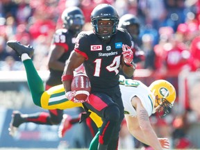 Calgary Stampeders Roy Finch returns a kick off for a touchdown against the Edmonton Eskimos on Monday.