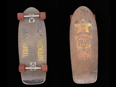 Dogtown Jim Muir model Maple-laminate board with Independent trucks and Dogtown rock 'n' roller wheels. Late 1970s, early 1980s.