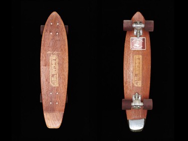 Logan Earth Ski Brad Logan model
Solid-rosewood board with Gullwing Phoenix trucks and Sims Comp wheels, mid-to-late 1970s.