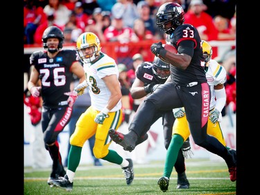 Calgary Stampeders Jerome Messam with a touchdown against Edmonton Eskimos during CFL football in Calgary, Alta., on Monday, September 5, 2016.