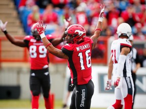 Calgary Stampeders Marquay McDaniel celebrates after his touchdown against the Ottawa Redblacks during CFL football in Calgary, Alta., on Saturday, September 17, 2016.