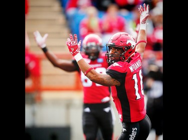 Calgary Stampeders Marquay McDaniel celebrates after his touchdown against the Ottawa Redblacks during CFL football in Calgary, Alta., on Saturday, September 17, 2016.