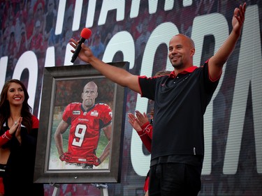 Stampeders great Jon Cornish is honoured by   Calgary Stampeders during a game against Ottawa Redblacks in CFL football in Calgary, Alta., on Saturday, September 17, 2016.