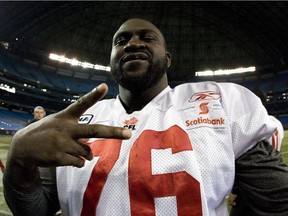 The Calgary Stampeders practice at Rogers Centre in Toronto on Thursday Nov 22, 2012 in preparation for the Grey Cup game against Toronto on November 25.  Defensive lineman Cordarro Law poses for camera at the end of practice. MICHAEL PEAKE/Toronto Sun/QMI Media