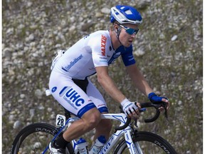 Tour of Alberta Stage 2 Winner Tanner Putt, of the United Healthcare Pro Cycling Team, rides through the Stoney First Nations Reserve near Morley, Alta., on Friday, September 2, 2016.