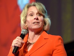 Elizabeth Cannon, president of the University of Calgary, delivers the 2016 Community Report to students, staff and faculty at Mac Hall on Friday, Sept. 16, 2016.