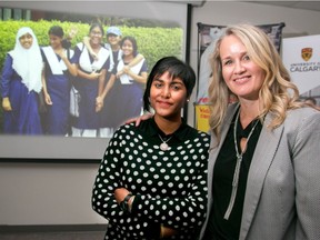 University of Calgary assistant nursing professor Catherine Laing, with program participant Anika Haroon,  announces findings from a research study that investigated the effects of digital storytelling on young people affected by childhood cancer as well as health care professionals in Calgary, Ab., on Thursday September 22, 2016. Mike Drew/Postmedia