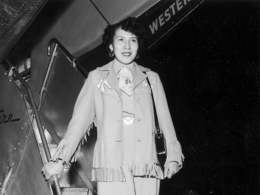 Evelyn Eagle Speaker, the 1954 Stampede Queen is pictured as she arrives in Los Angeles to begin a goodwill tour of Hollywood. After a whirlwind week of studio tours and personal appearances, she heads off to Las Vegas, Nevada as part of her 18-day trip.
Photo: Herald file photo dated May 12, 1955