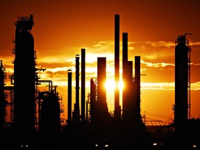 Part of the Esso Strathcona Refinery in Edmonton at sunset.