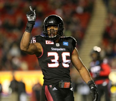 Calgary Stampeders Glenn Love celebrates during their game against Toronto Argonauts in CFL action at McMahon Stadium in Calgary, Alta.. on Friday October 21, 2016.