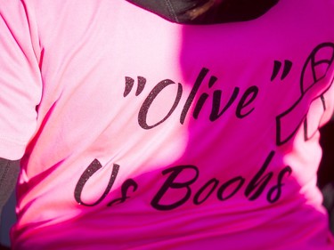 A T-shirt for the team 'Olive Us Boobs' is worn during the Canadian Breast Cancer Foundation CIBC Run for the Cure at Southcentre Mall in Calgary, Alta., on Sunday, Oct. 2, 2016.