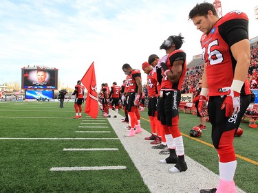 The Calgary Stampeders honour Jim Prentice prior to a CFL game against the Montreal Alouettes at McMahon Stadium in Calgary on Saturday October 15, 2016. Gavin Young/Postmedia