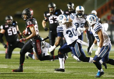 Calgary Stampeders Kamar Jorden runs after making a catch against the Toronto Argonauts during CFL football in Calgary, Alta., on Friday, October 21, 2016.