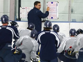 Bert Gilling, Mount Royal University Cougars men's hockey head coach during their practice at Flames Community Arena in Calgary, Alta. on Wednesday October 19, 2016.