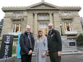 Bill Ptacek, CEO, Calgary Public Library, left, Shelley Youngblut, General Director, Wordfest and author Peter Wohllebend pose for a photo outside the Memorial Park library in Calgary, Alts., on Friday October 14, 2016, after announcing a partnership.