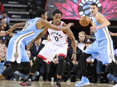 The Toronto Raptors' DeMar DeRozan keep his eye on the ball during the NBA preseason game between the Denver Nuggets and Toronto Raptors at the Scotiabank Saddledome in Calgary on Monday Oct. 3, 2016.