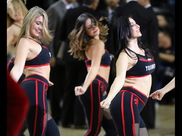 The Toronto Raptors cheerleaders entertain during time out in the NBA preseason game between the Denver Nuggets and Toronto Raptors at the Scotiabank Saddledome in Calgary on Monday Oct. 3, 2016.