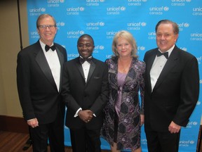 Cal 1015 Unicef 2  Pictured, from left, at  the Unicef Canada Water for Life Gala held Oct 1 at the Hyatt are Unicef Canada president and CEO David Morley, keynote speaker this night Rwanda refugee and Unicef Canada ambassador John Nsabimana, Unicef Patron's Council's Penny Whitlock and her husband, Bennett Jones' Wayne Whitlock, Q.C.