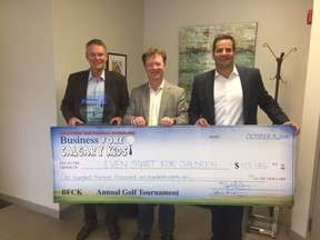 Cal 1022 Business alone  Calgary Herald social scribe Bill Brooks (left) accepts a cheque on behalf of the EvenStart for Children Foundation representing the foundation's share of proceeds from the hugely successful Business Fore Kids annual golf tournament held June 6 altho Glencoe Golf and Country Club. Joining  Brooks are 2016 tournament chair David Elzinga (centre) and co-chair Tasso Chondronikolis. Myriad organizations in support of children's health and wellness have benefitted from the tournament's success over the years.