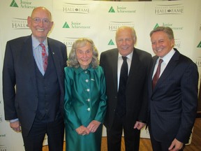 Cal 1029 Achieve 9 Pictured, from left, at the Junior Achievement (JA) of Southern Alberta's 13th annual Calgary Business Hall of Fame Gala Dinner and Induction Ceremony held Oct 13 at the Hyatt are inductees Ross Glen, Marg Southern on behalf of he late husband Ron Southern, Cal Wenzel and Mac. Van Wielingen. The four gentlemen honoured this night have been invaluable contributors  to the social and economic landscape of our city, province and country.