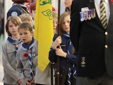 Younger members of the colour parade wait to march through Chinook Centre during the launch of the annual Calgary Poppy Fund campaign on Saturday October 29,