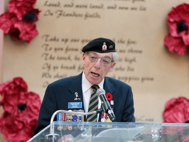 Joey Bleviss, Chief Administrative Officer with the Calgary Poppy Fund, speaks at the launch of the annual poppy fund campaign at  Chinook Centre on Saturday October 29, 2016.