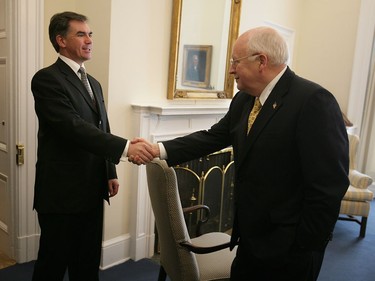 Calgary, Alberta-20060628-  Vice President Dick Cheney meets with Canadian Minister of Indian Affairs and Northern Development Jim Prentice, Wednesday, June 28, 2006, in the West Wing at the White House. Photo by David Bohrer/White House (For NEWS section story by None)