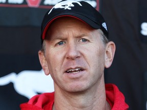 Calgary Stampeders head coach Dave Dickinson talks with the media following Wednesday's practise, October 19, 2016.  Gavin Young/Postmedia