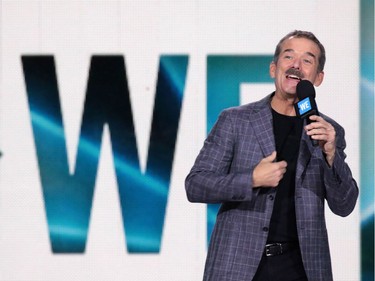 Chris Hadfield talks to students during the WE Day event at the Scotiabank Saddledome in Calgary on Wednesday October 26, 2016.