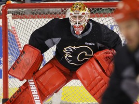 Calgary Flames goalie Brian Elliott at Flames practice at the Scotiabank Saddledome in Calgary, Alta. on Thursday October 13, 2016. Mike Drew/Postmedia