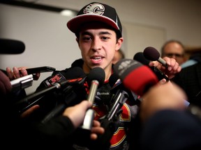 Calgary Flames Johnny Gaudreau speaks to members of the media after Flames practice at the Scotiabank Saddledome in Calgary, Alta. on Tuesday October 11, 2016. Leah Hennel/Postmedia