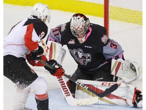 Calgary Hitmen goalie Cody Porter stops Prince George Cougars Brad Morrison in WHL action at the Scotiabank Saddledome in Calgary, Alberta, on Saturday, October 29.