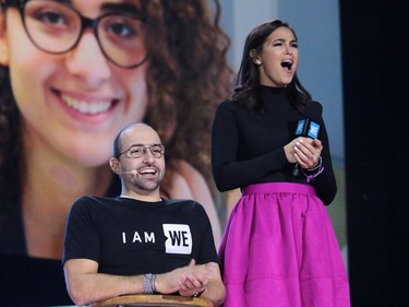 Motivational speaker Spencer West and ETALK reporter Chloe Wilde talk to students during the WE Day event at the Scotiabank Saddledome in Calgary on Wednesday October 26, 2016.