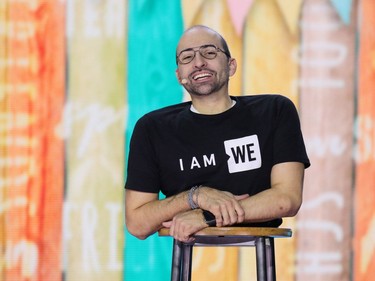 Motivational speaker Spencer West talks to students during the WE Day event at the Scotiabank Saddledome in Calgary on Wednesday October 26, 2016.