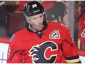 Troy Brouwer of the Calgary Flames celebrates his goal late in the second period that brought the Flames to within 2 of the Carolina Hurricanes at the Saddledome Thursday night October 19, 2016.