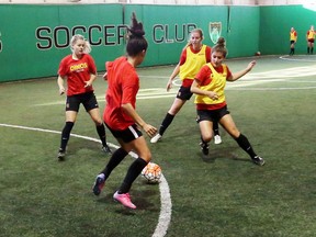 Fresh off a loss on the weekend, the previously undefeated U of C women's soccer team practises  indoors at the Foothills Soccer Club Facility on Tuesday Oct. 11, 2016.