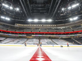 Centre ice is painted at Rogers Place in Edmonton (photo by Jeff Nash / Edmonton Oilers)