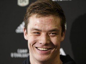 Okanagan Sun player Brennan Van Nistelrooy speaks with the media after being selected during the CFL Regional Combine held at Commonwealth Recreation Centre in Edmonton, Alta., on Monday March 7, 2016.