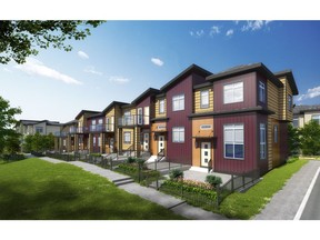 An artist's rendering of the front exterior of the new townhome development The Link at Symons Gate by Brookfield Residential.