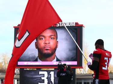 Calgary Stampeders honour Mylan Hicks prior to a CFL game against the Montreal Alouettes at McMahon Stadium in Calgary on Saturday October 15, 2016. Gavin Young/Postmedia