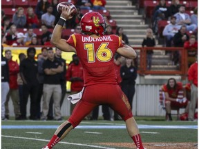 The U of C Dino's quarterback Jimmy Underdahl makes a pass during game action against UBC at McMahon Stadium in Calgary, on September 9, 2016. The Dinos lost without the injured Underdahl to the Saskatchewan Huskies on Saturday.