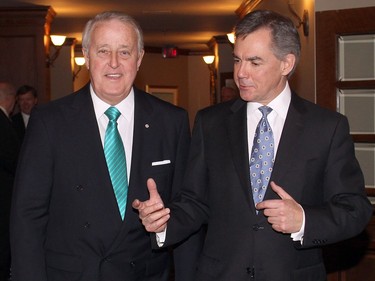 Ted Rhodes, Calgary Herald  CALGARY, AB,; FEBRUARY 2, 2012  -- Former prime minister Brian Mulroney arrives at the Ranchman's Club with former Energy minister Jim Prentice for a dinner with local oilpatch people Thursday February 2, 2012. (Ted Rhodes/Calgary Herald) For Business story by Deborah Yedlin. Trax # 00037027A