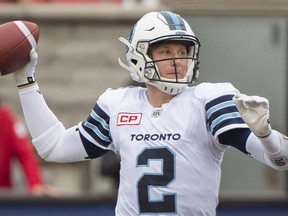 Toronto Argonauts quarterback Drew Willy throws a pass during first half CFL football action against the Montreal Alouettes in Montreal, Sunday, October 2, 2016.