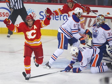 Calgary Flames Sean Monahan celebrates after scoring Cam Talbot of the Edmonton Oilers during NHL hockey in Calgary, Alta., on Friday, October 14, 2016. AL CHAREST/POSTMEDIA